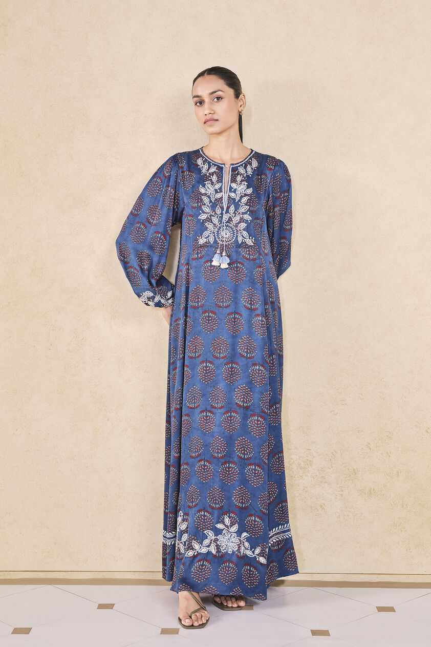 Aze Handcrafted Ajrakh Kaftan - Blue, Blue, image 1